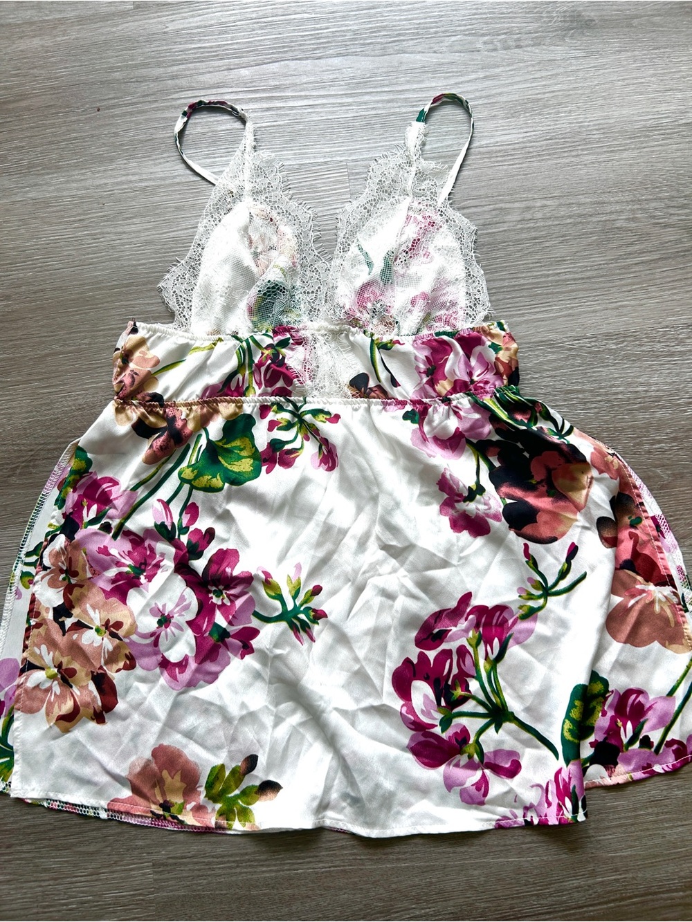 Floral Lace Trim silky Camisole Tank Top- White with Pink & Green Floral- size M